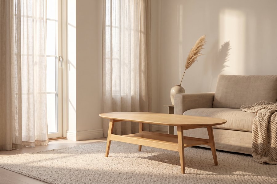 Helles Wohnzimmer mit ovalem Couchtisch aus Holz, beigem Sofa, Glastüren und Trockenblumen in einer Vase