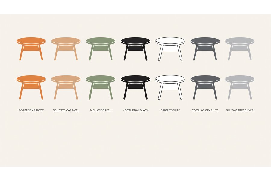 Grafik mit sieben Beistelltisch-Icons in den Ambiente-Farbtönen 2027 von Roasted Apricot bis Shimmering Silver