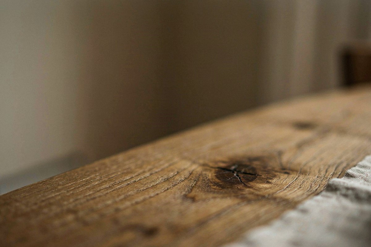 Nahaufnahme einer massiven Tischplatte mit natürlicher Holzmaserung und Astlöchern