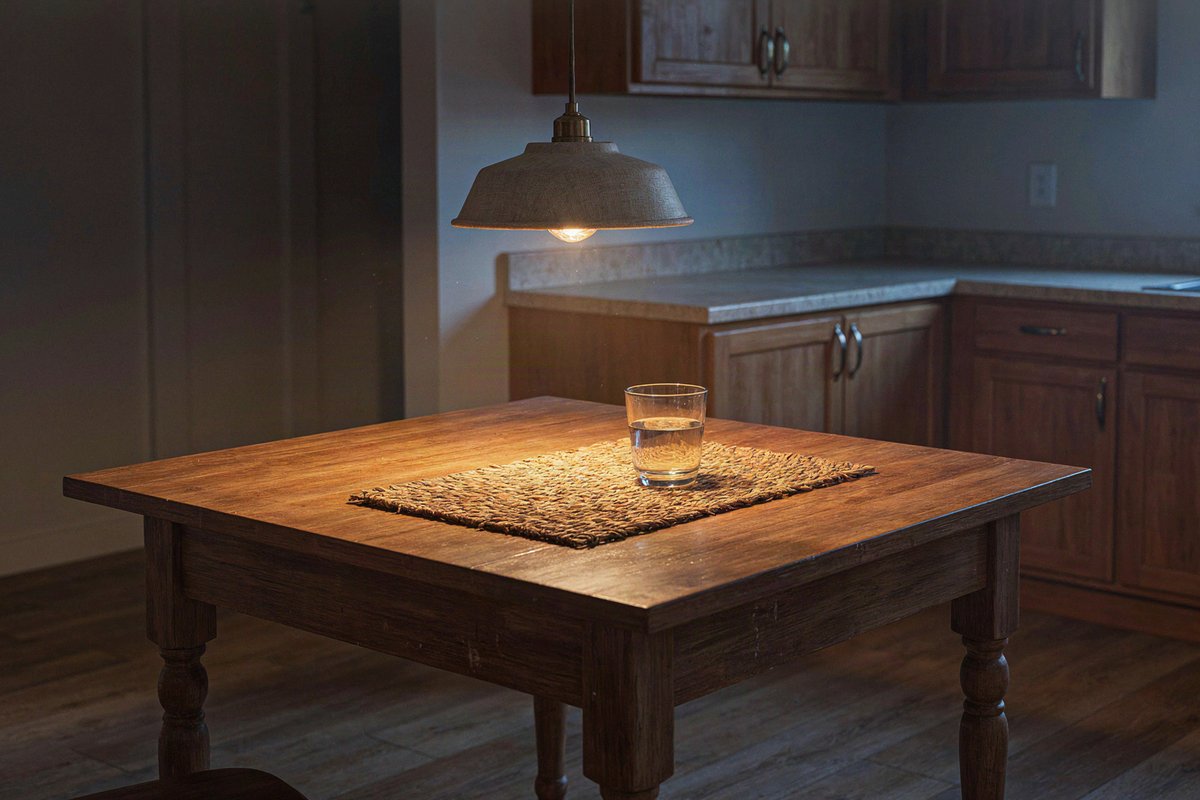 Esszimmer am Abend mit warmem Pendellicht über dem Holztisch und dezenten Reflexen auf Stein und Holz