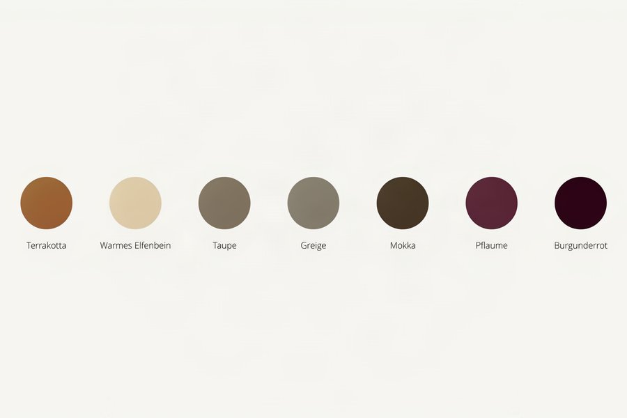 Farbpalette der Sofatrends 2027 mit Lehm, Elfenbein, Taupe, Greige, Mokka, Pflaume und Burgund