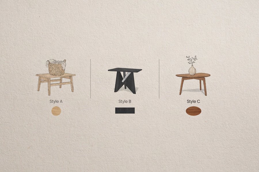 Drei moderne Couchtisch-Varianten mit Farbmustern: helles Holz mit Korb, schwarzes Metallgestell und dunkles Holz mit Vase
