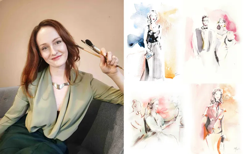 Illustratorin Inha Illustra mit Pinseln neben ihren Live-Illustrationen von Firmenevent-Gästen