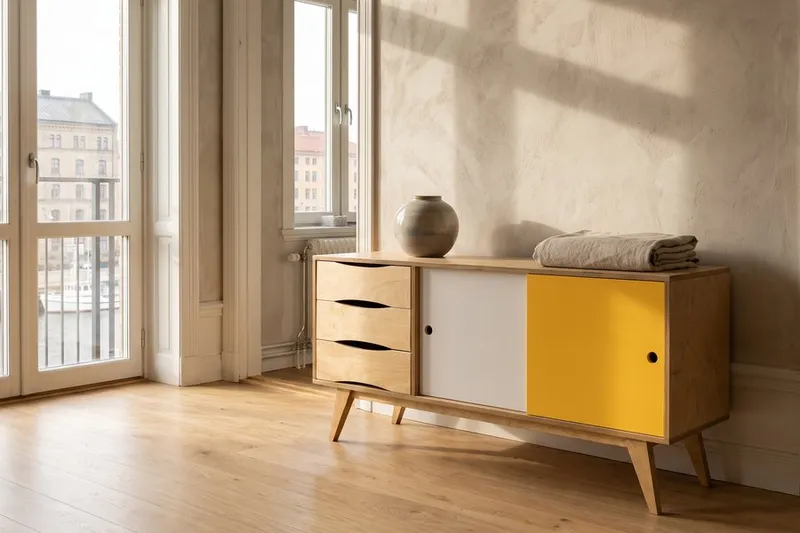 Helles Sideboard aus Holz mit gelber und weißer Frontblende, drei Schubladen und Beinen im Retrostil.