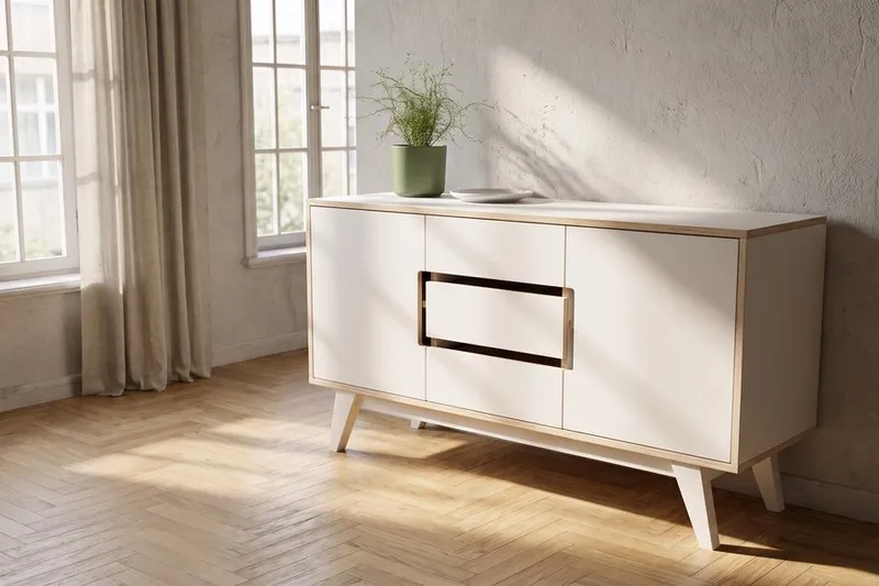 Weißes Sideboard mit schwarzem Griff und hellen Holzbeinen in hellem Wohnzimmer mit Parkettboden, großem Fenster