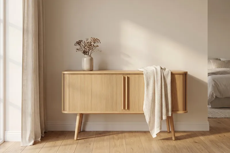 Sideboard aus Eiche mit vertikalen Rillen, Holzbeinen und beigefarbener Decke, daneben draußen Leinenstoff.