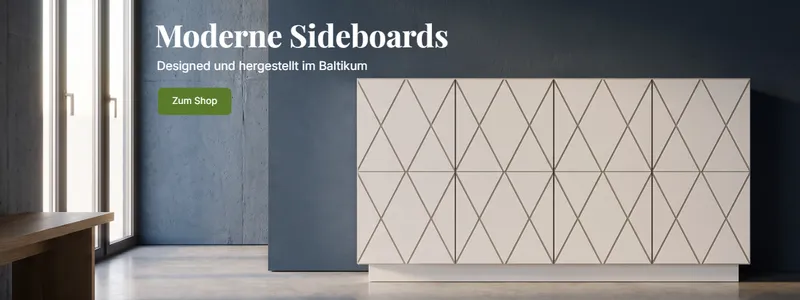 Helles Sideboard mit geometrischem Rautendekor an blauer Wand in minimalistischem Ausstellungsraum mit Holztisch.